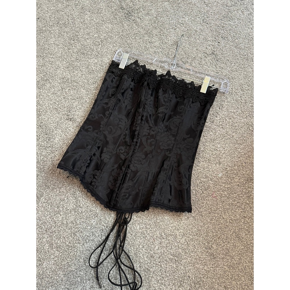 Frederick's of Hollywood Black Damask Lace Trim Corset Top Lace Up Back